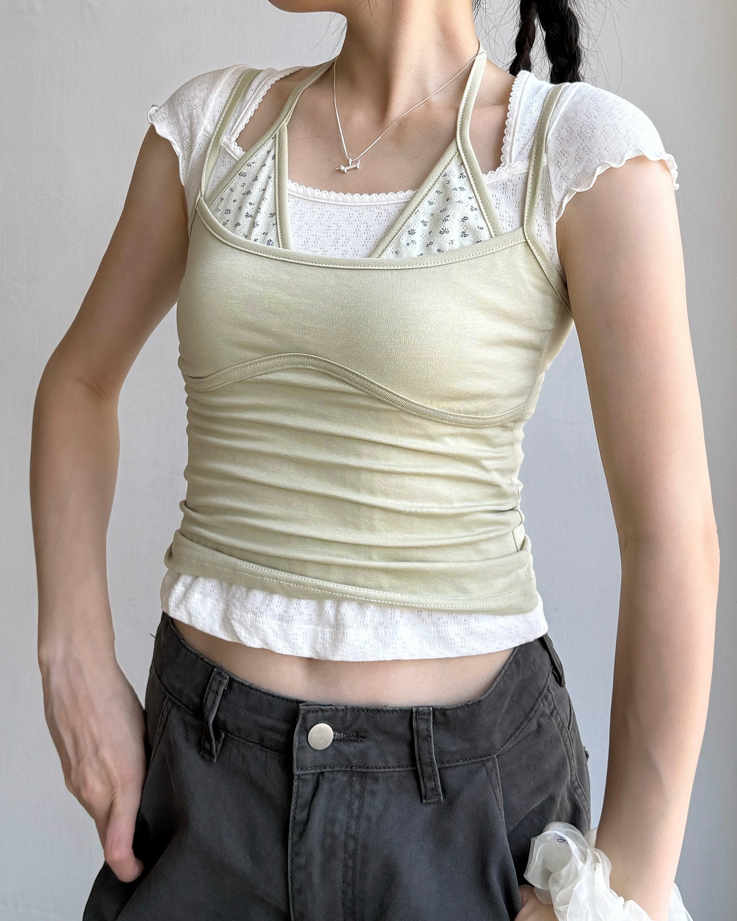 VT309 Floral Layer Vest - White | Green | Navy