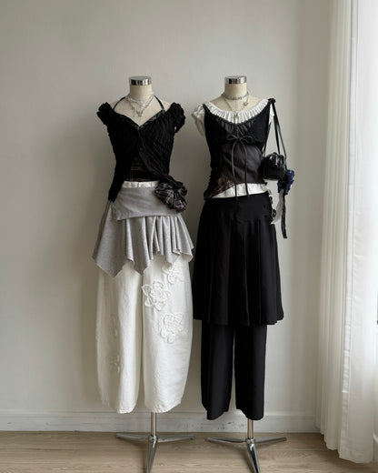 PT082 Buckle Skirt Pants - Black | Stripes