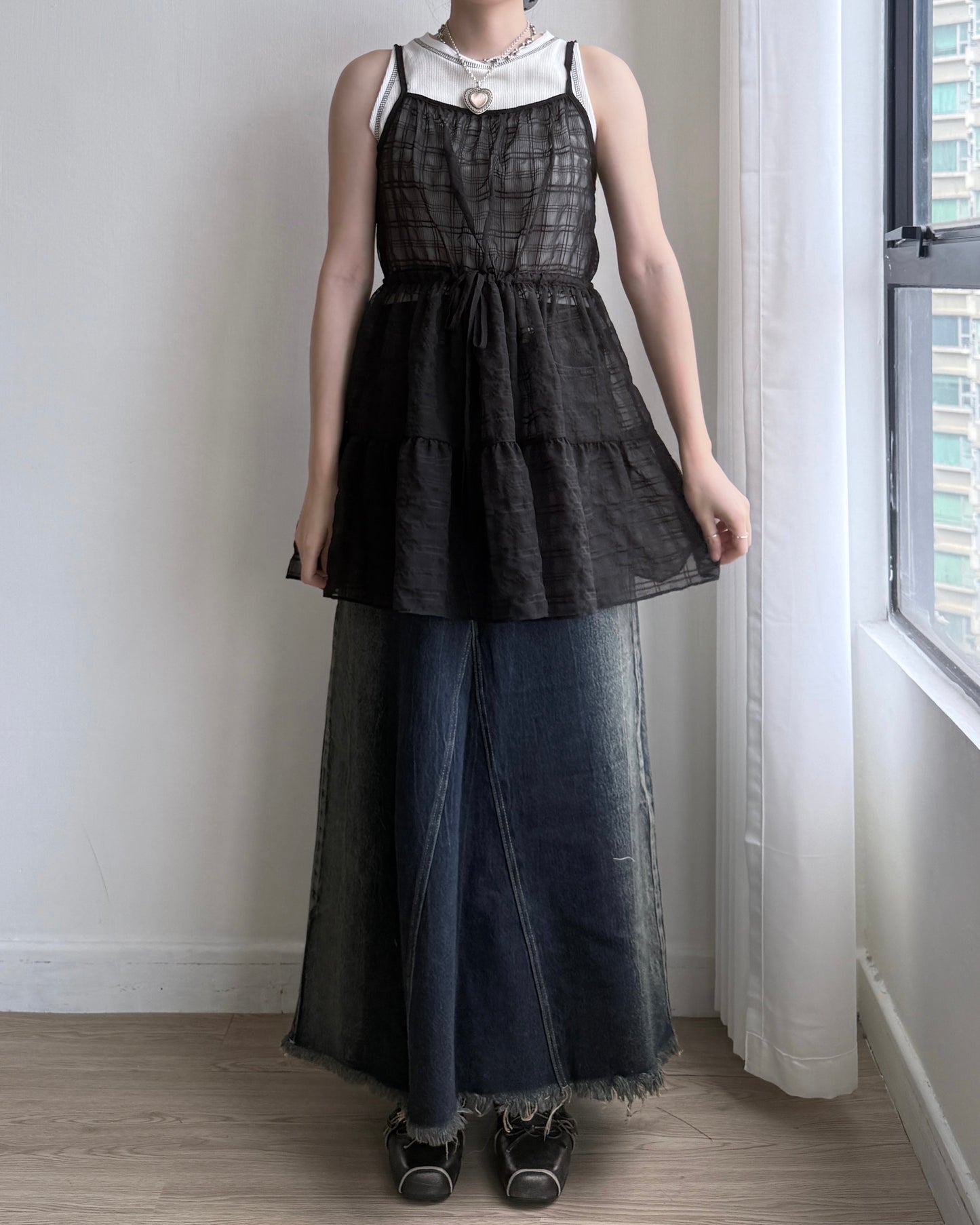 SK196 Dirty Crack Denim Skirt - Navy