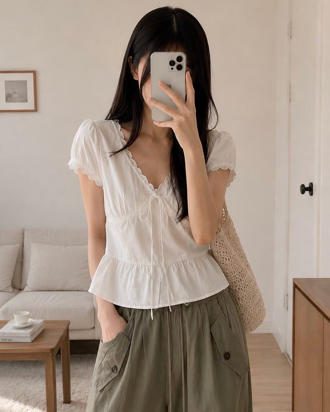 TP598 Lace Flared Blouse - White | Navy