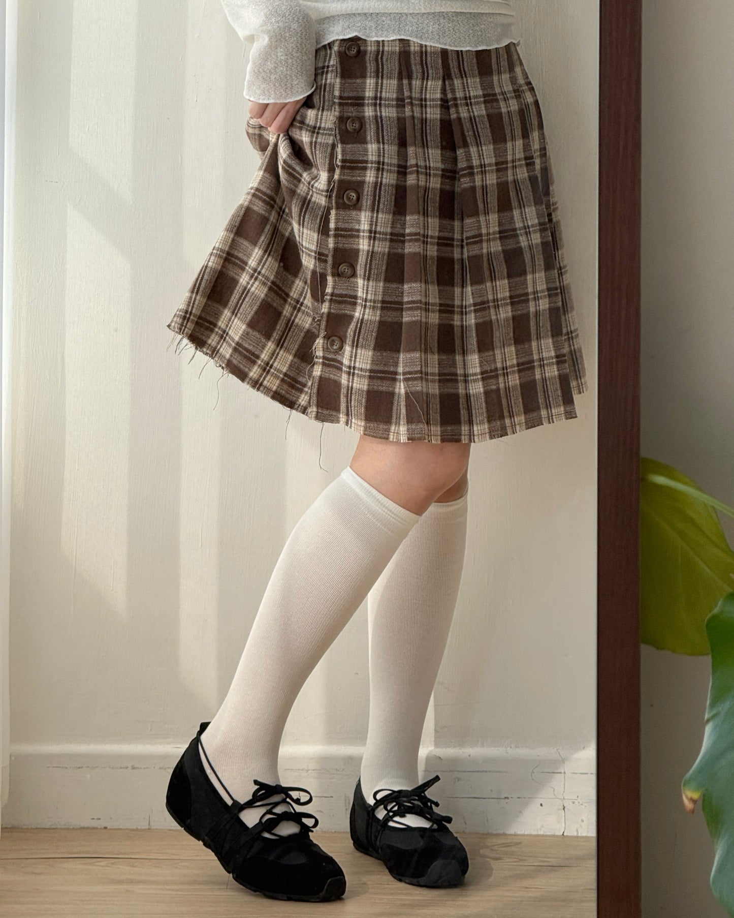 SK207 格子鈕扣2WAY裙子 - Brown | Black