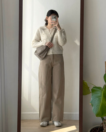 JN062 內有毛毛直筒牛仔褲 - Beige | Blue