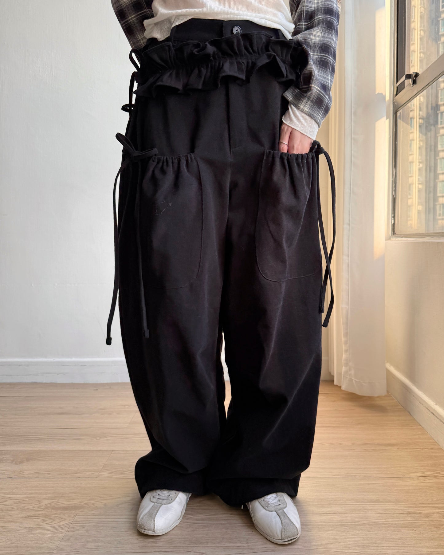 PT077 蝴蝶皺褶休閑褲(連腰帶) - Brown | Black