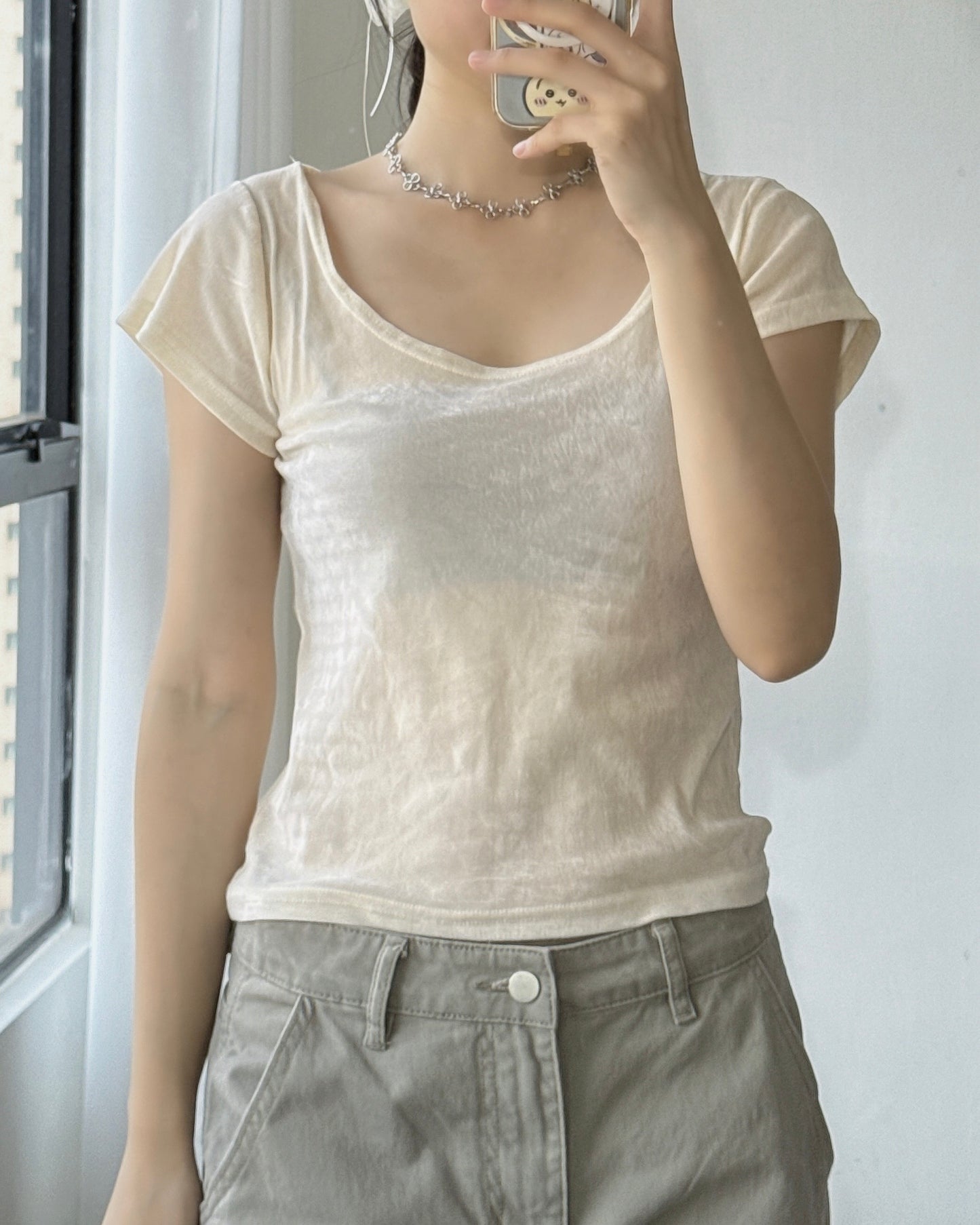 TP607 Velvet 2way TEE - Ivory | Brown | Charcoal