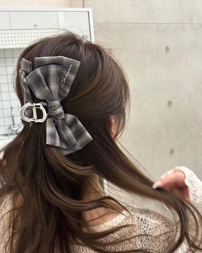 KA435 Check Fabric Bow Claw Clip - Brown | Navy