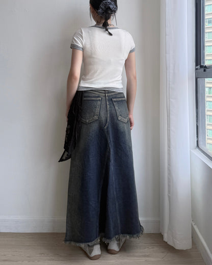 SK196 Dirty Crack Denim Skirt - Navy