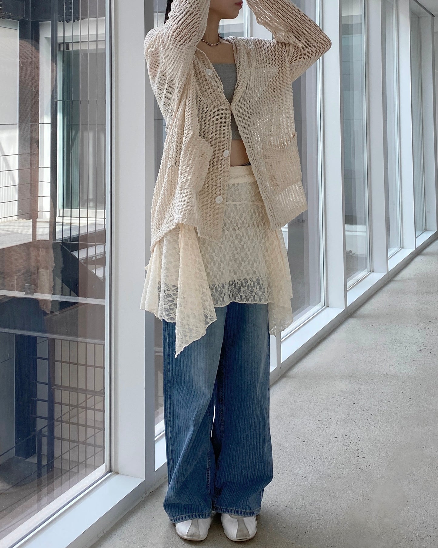 CD052 Meshed Cardigan - Ivory | Black