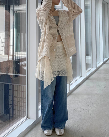 CD052 Meshed Cardigan - Ivory | Black