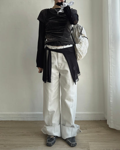 JN068 Flip Wide Jeans - Gray | Black