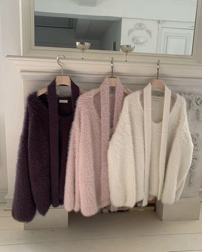 TP566 Fur V-Neck Knit - Pink | White | Brown