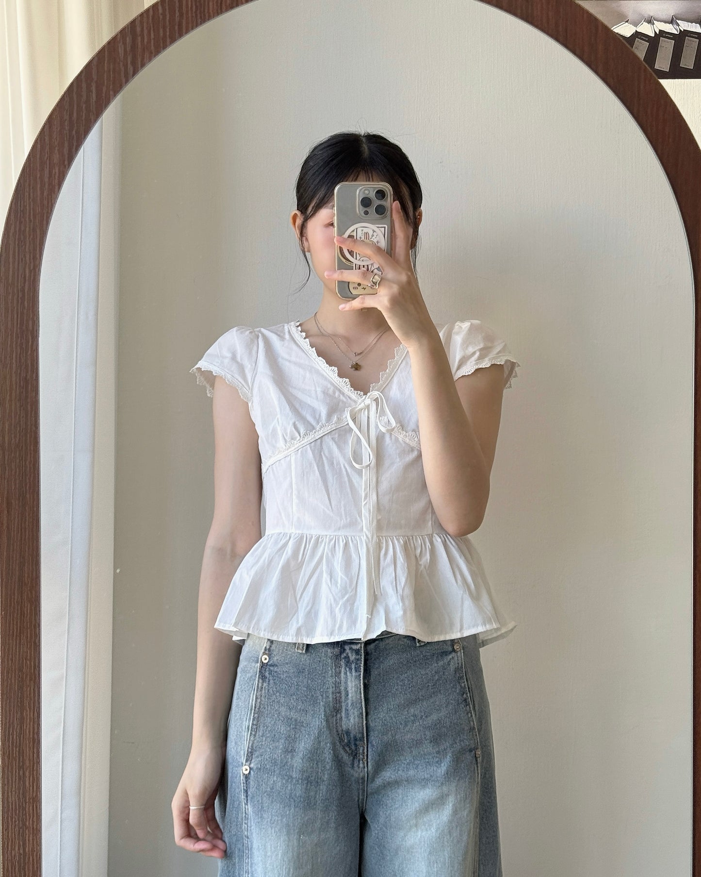 TP598 Lace Flared Blouse - White | Navy