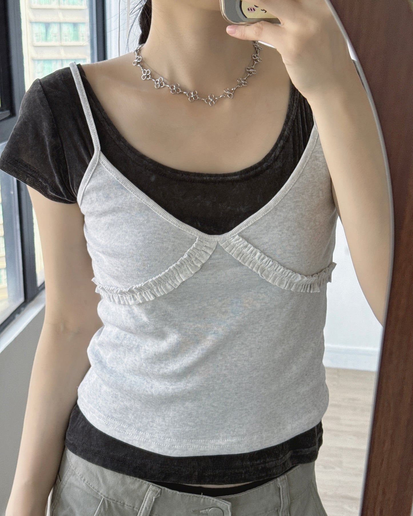 TP607 Velvet 2way TEE - Ivory | Brown | Charcoal