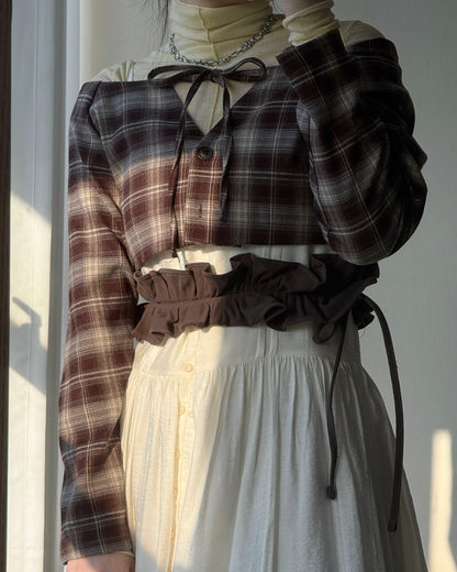 TP563 格仔一字肩短上衣 - Brown | Black