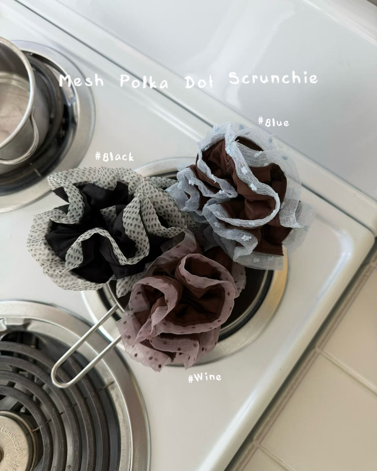 KA439 Mesh Polka Dot Scrunchie - Wine | Blue | Black