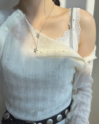 TP624 Fuzzy Rib Button Knit - Gray | Ivory | Black