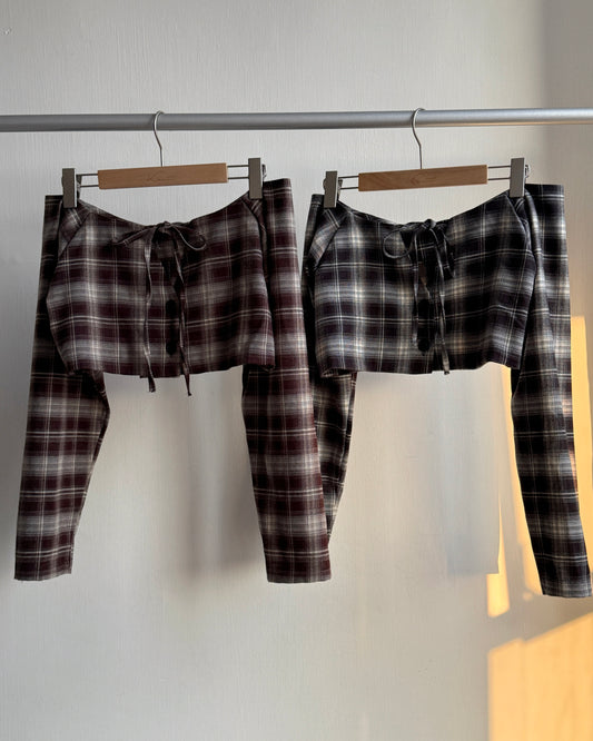 TP563 格仔一字肩短上衣 - Brown | Black