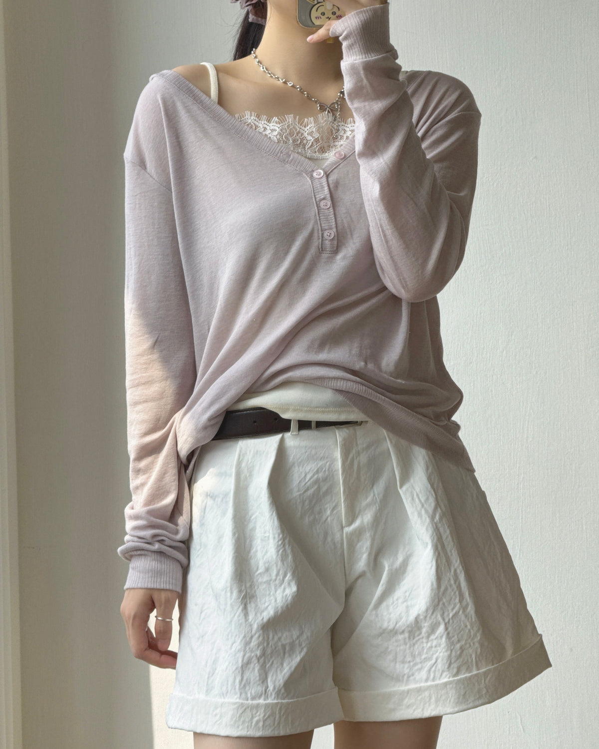TP616 V-neck Button Sweatshirt - Black | White | Khaki | Pink