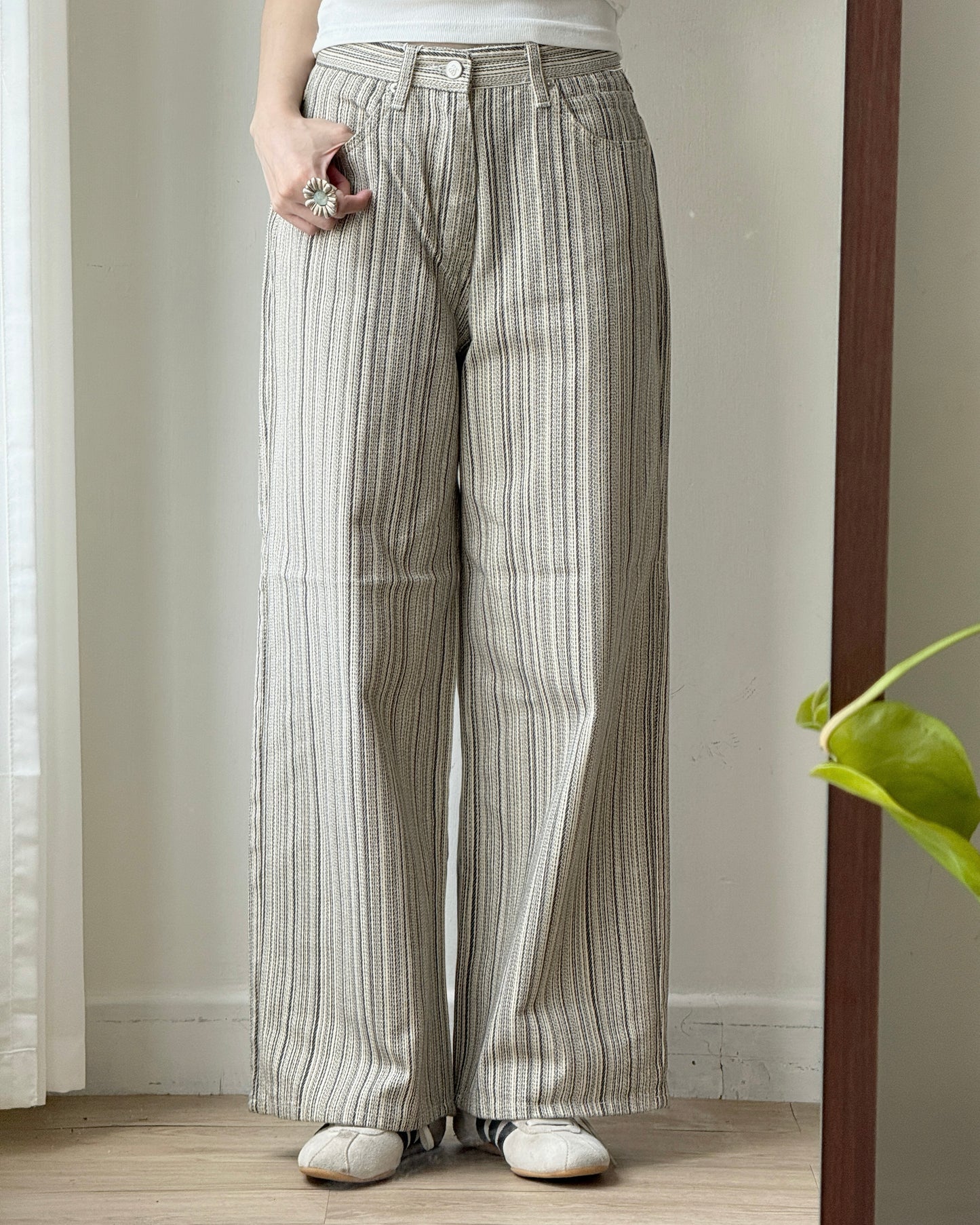 PT083 Striped Cotton Pants - Ivory | Navy