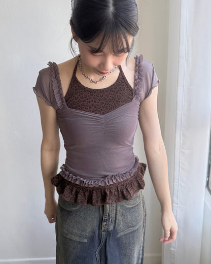 VT259 Leopard Print Top - Gray | Mocha