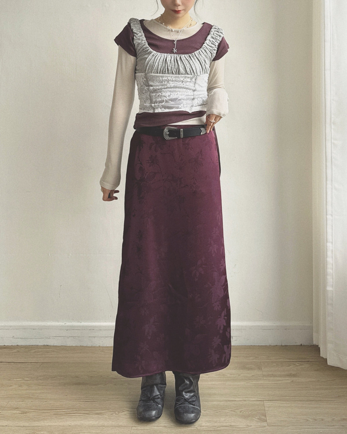 SK229 Floral Jacquard Maxi Skirt - White | Wine | Black