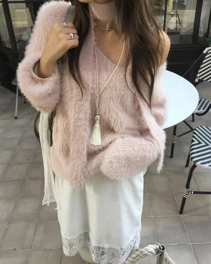 TP566 Fur V-Neck Knit - Pink | White | Brown