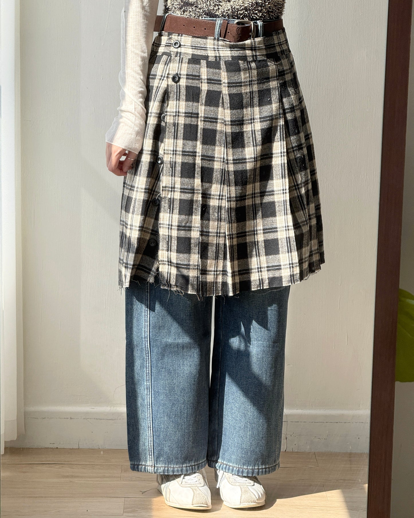 SK207 格子鈕扣2WAY裙子 - Brown | Black