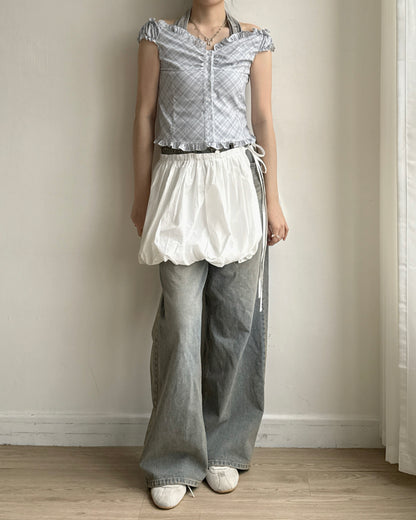 VT291 Checkered  Blouse - Skyblue | Charcoal