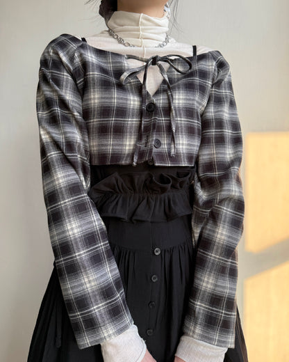 TP563 格仔一字肩短上衣 - Brown | Black