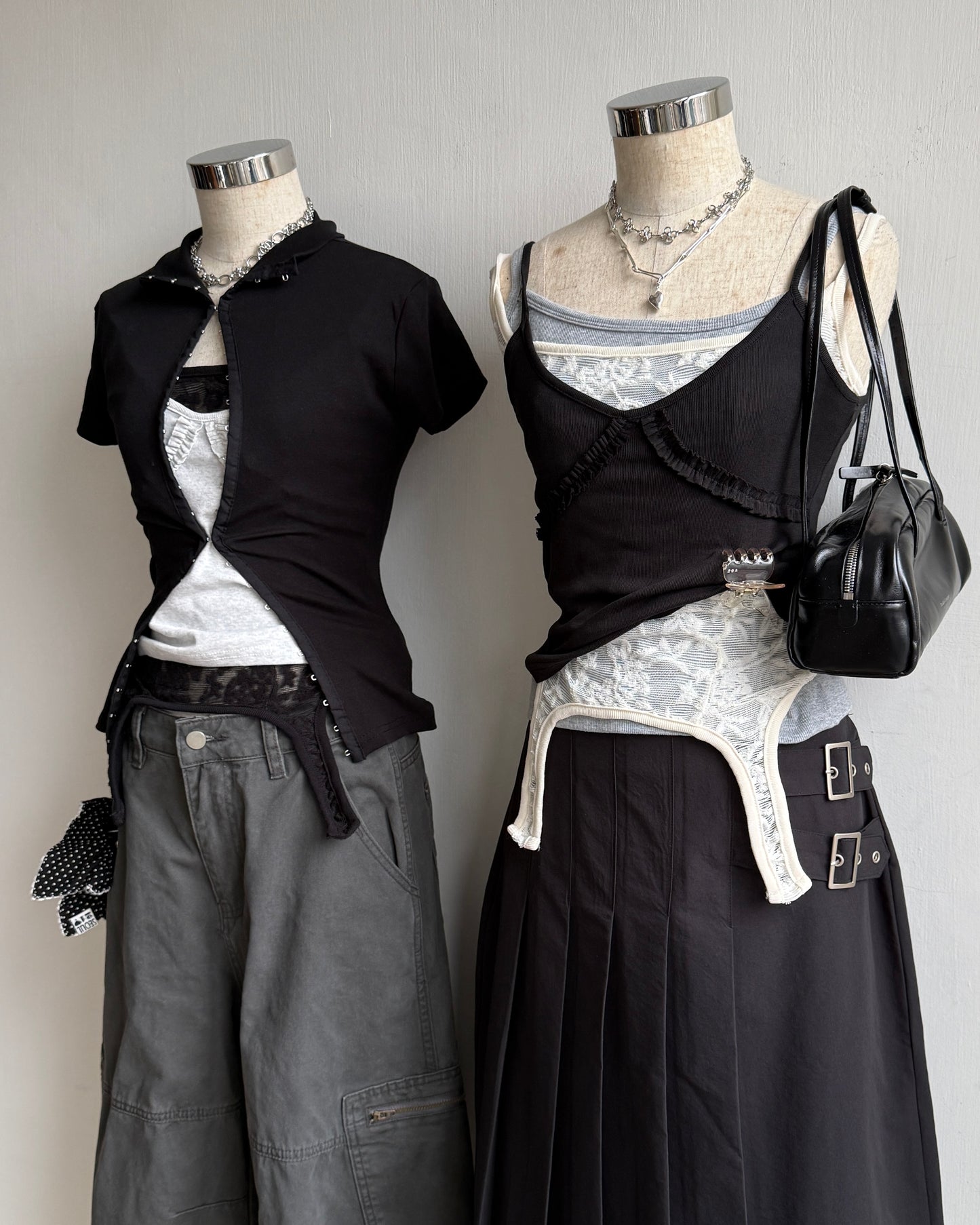 VT316 Lace Crop Top - Black | Charcoal | Ivory