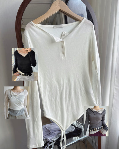 TP623 Ribbed Henley Top - Ivory | Lavender | Gray | Black