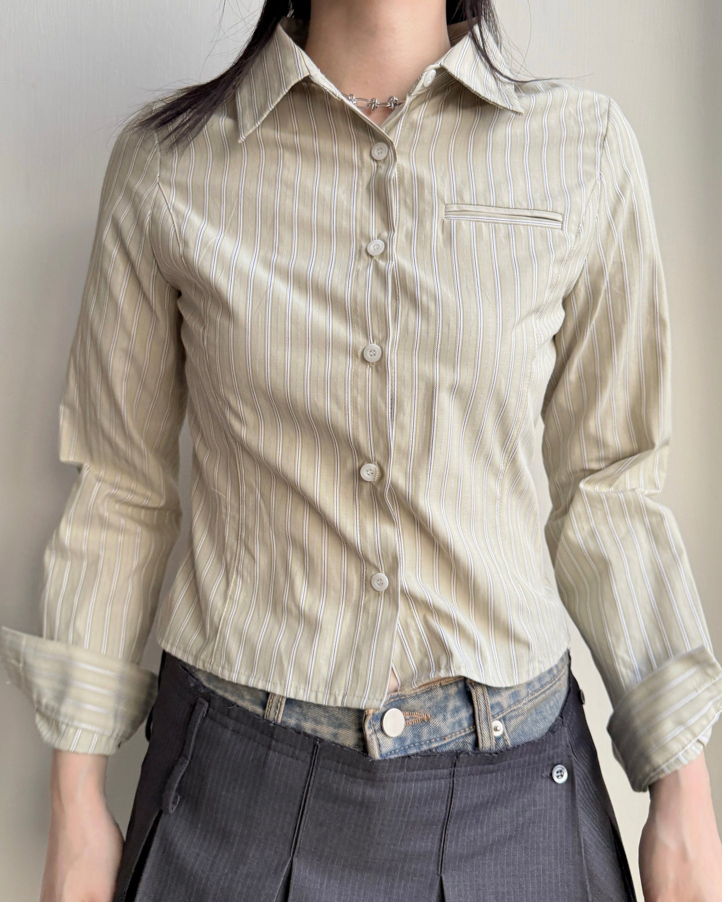 TP574 Cropped Shirt - Khaki | Blue | White