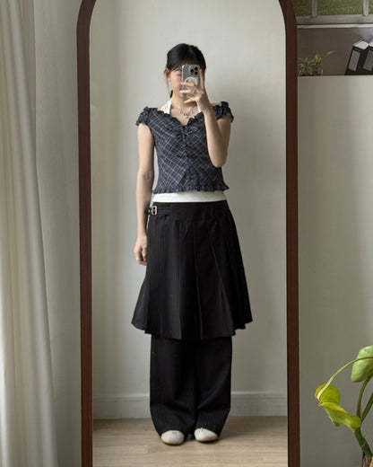 VT291 Checkered  Blouse - Skyblue | Charcoal