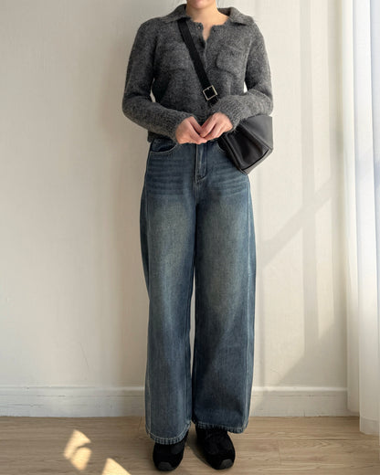 JN062 內有毛毛直筒牛仔褲 - Beige | Blue