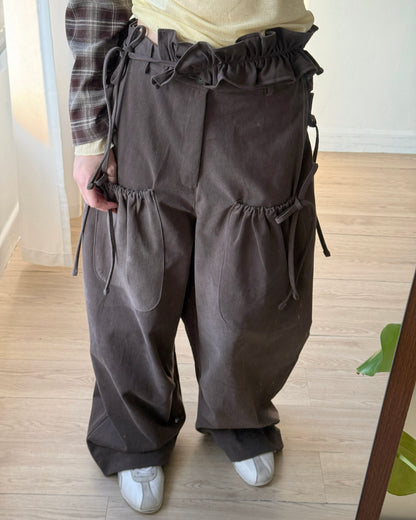 PT077 蝴蝶皺褶休閑褲(連腰帶) - Brown | Black