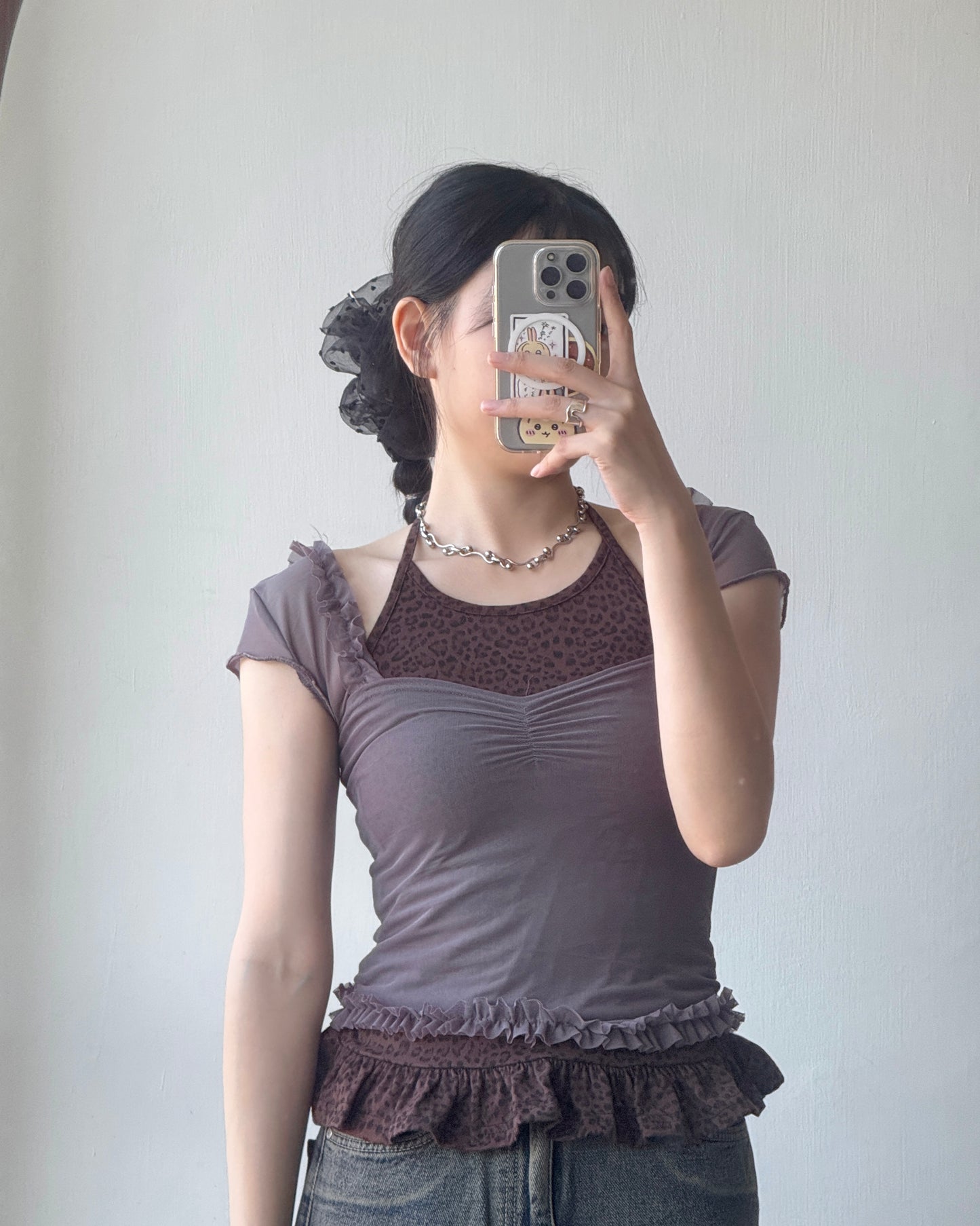 VT259 Leopard Print Top - Gray | Mocha