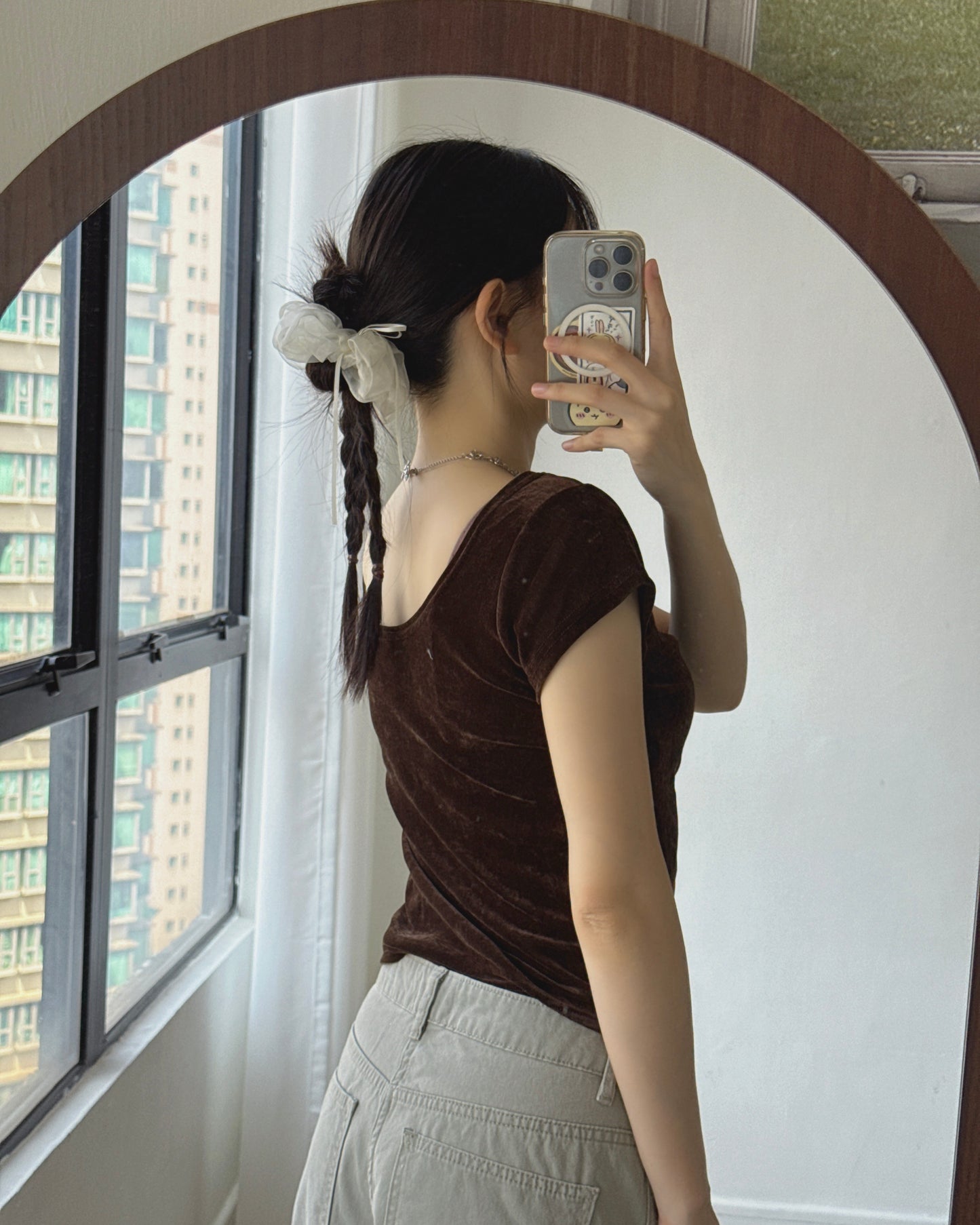 TP607 Velvet 2way TEE - Ivory | Brown | Charcoal