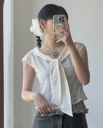 TP534 Floral Embroidered Blouse - Ivory | Black