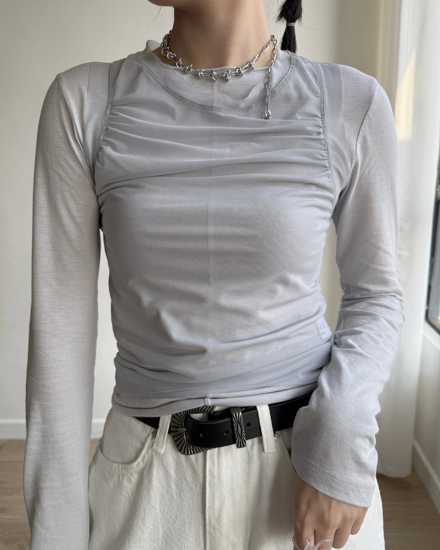 TP577 Mesh Shirring Twinset - White | Gray | Black