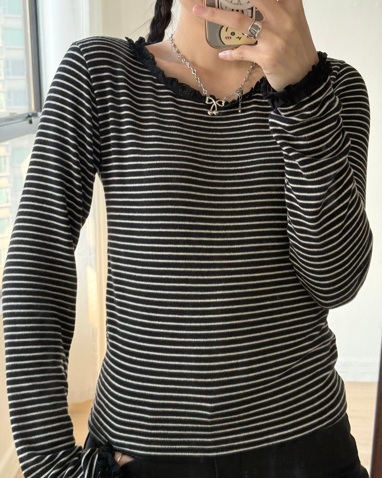TP569 Striped Lace Top - Gray | Black