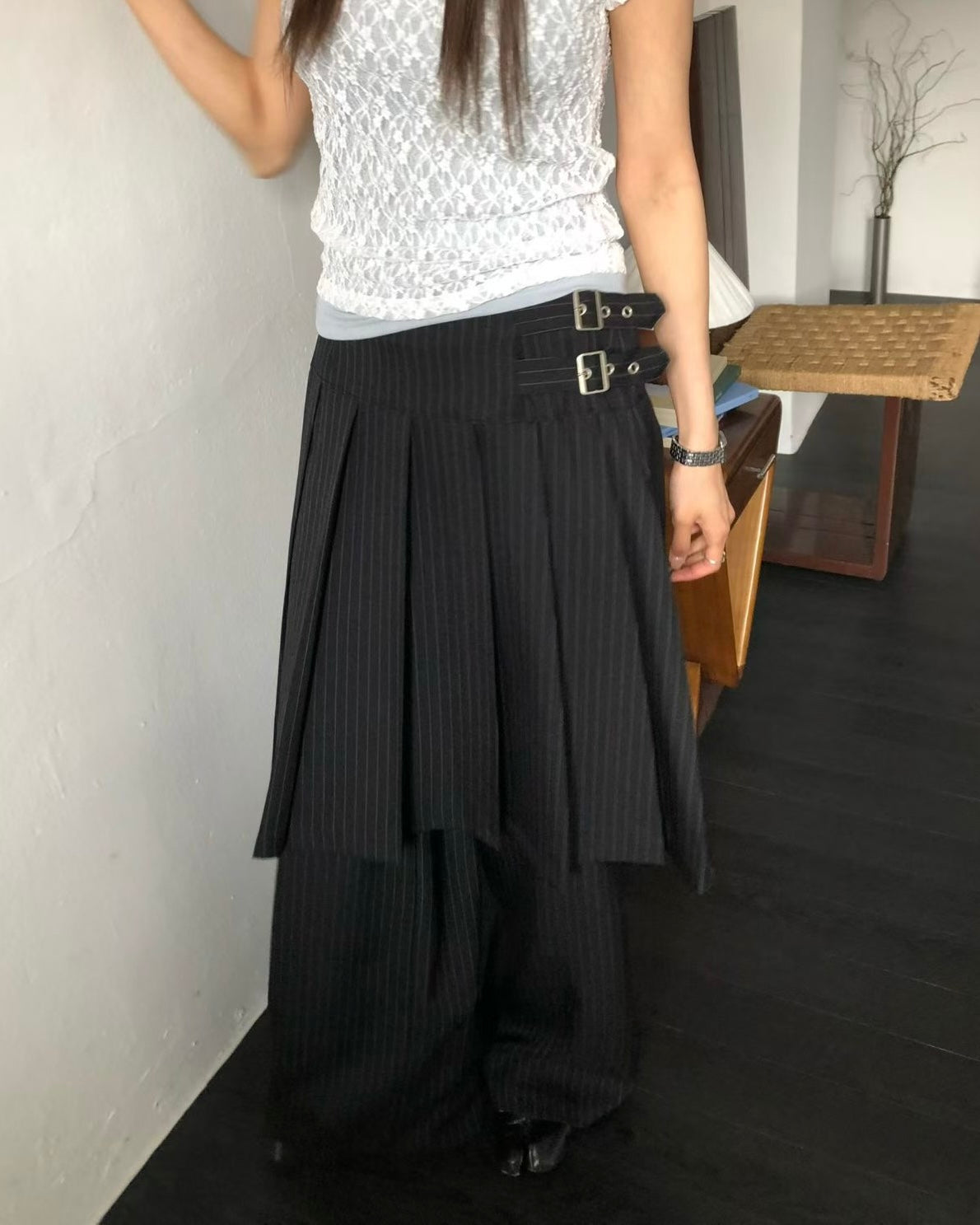 PT082 Buckle Skirt Pants - Black | Stripes