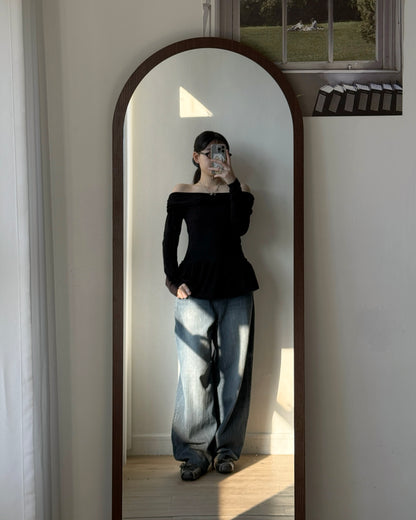 TP568 Off-shoulder Frill Flare Top - Gray | Black