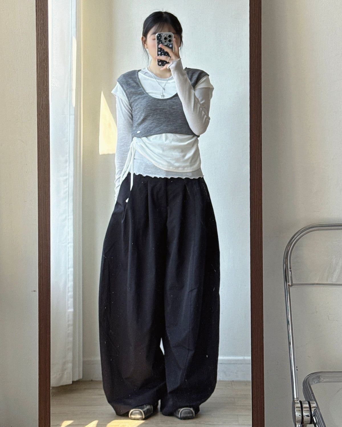 PT086 Balloon Wide Pants - Ivory | Black