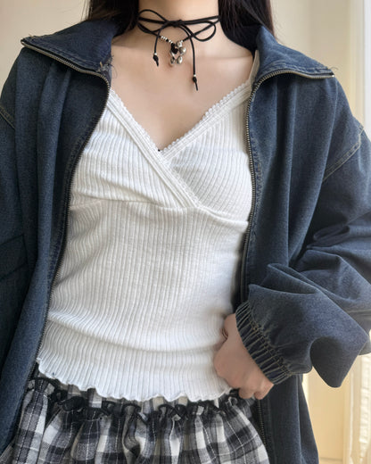 VT261 Lace Ribbed Vest - Ivory | Dark Gray | Khaki