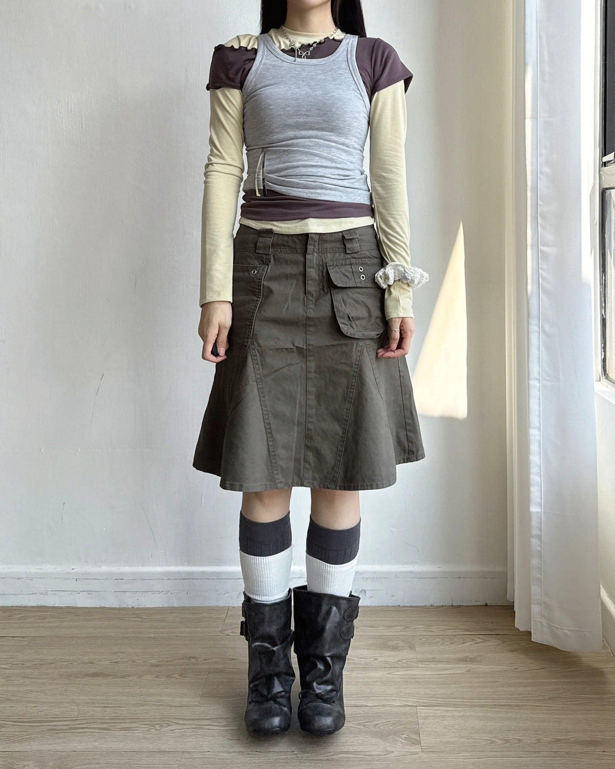 SK231 Cargo Pocket Skirt - Khaki | Black