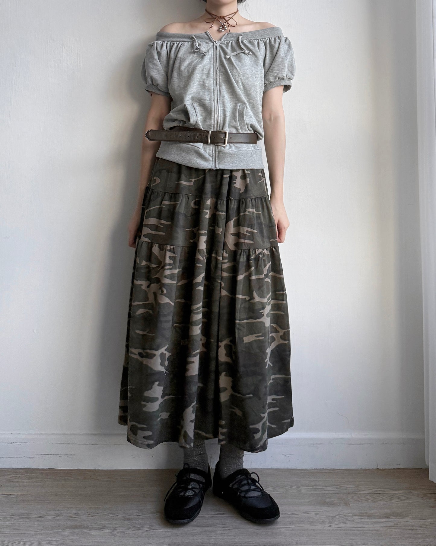 SK199 Camo Long Skirt - Beige | Khaki