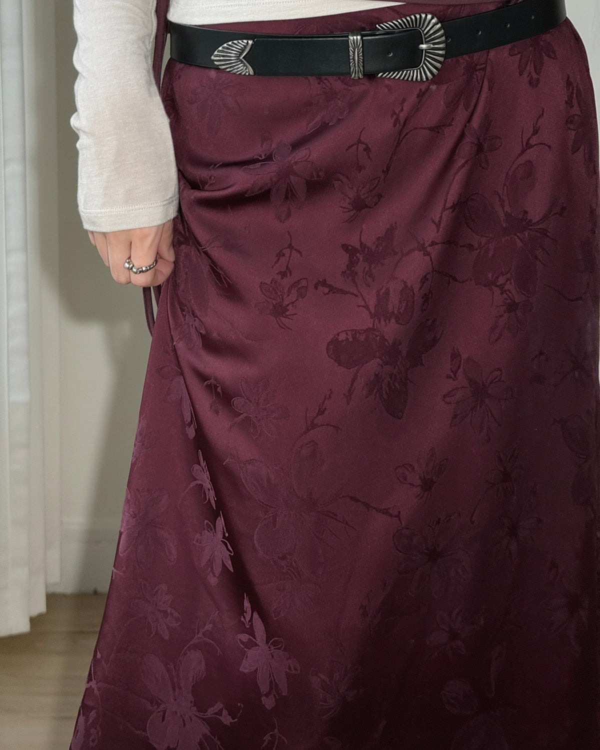 SK229 Floral Jacquard Maxi Skirt - White | Wine | Black