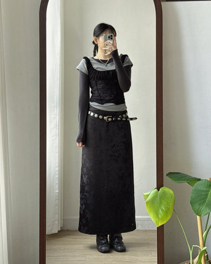 SK229 Floral Jacquard Maxi Skirt - White | Wine | Black