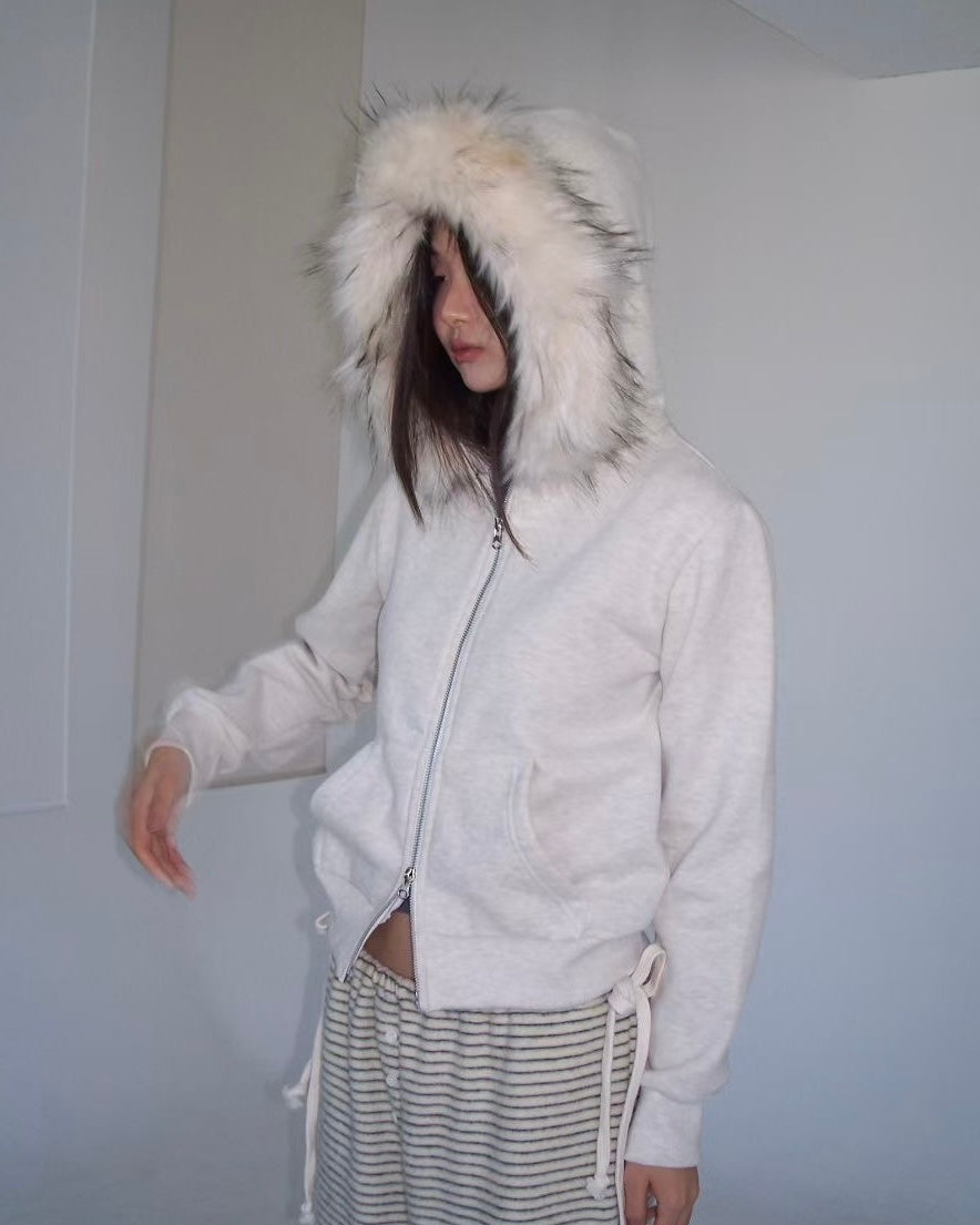 JK043 Trimmed Zip-up Jacket - Ivory | Gray