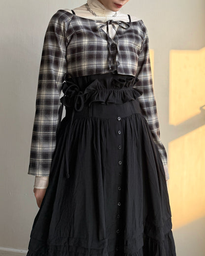 TP563 格仔一字肩短上衣 - Brown | Black