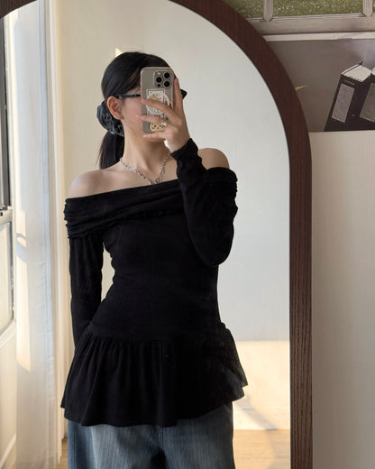 TP568 Off-shoulder Frill Flare Top - Gray | Black